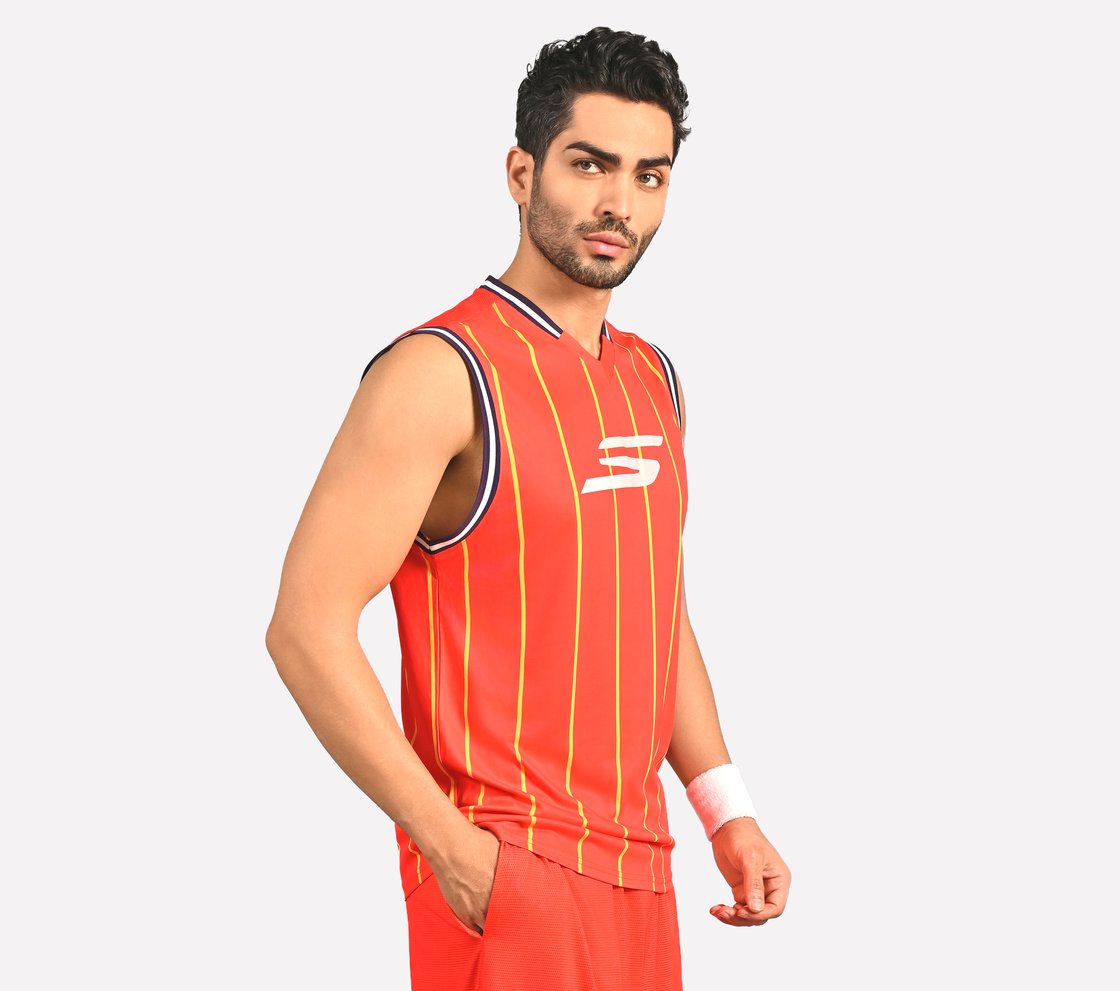 BASKETBALL V NECK TANK, WHITE/BLACK/ORANGE Apparel Top View