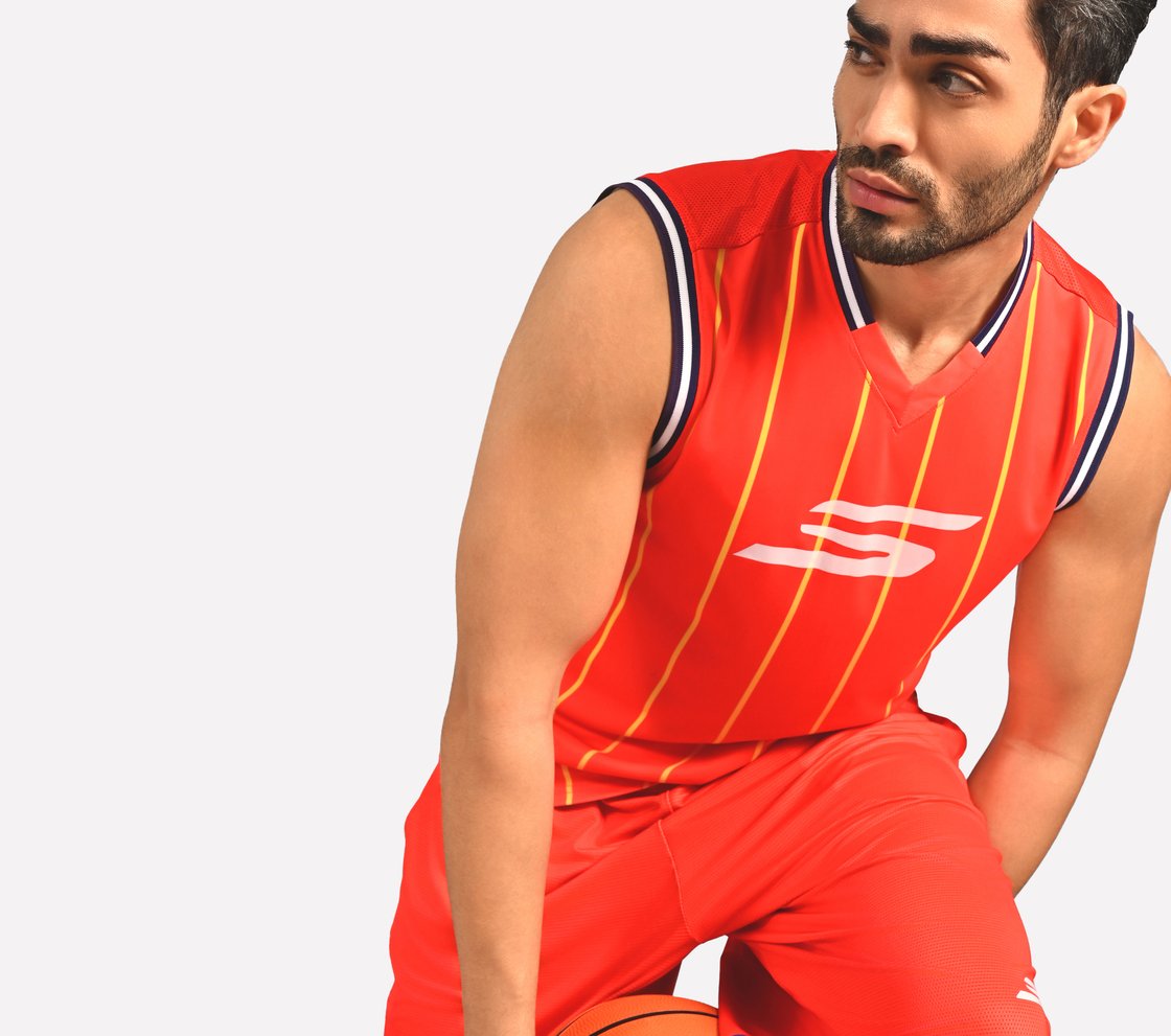 BASKETBALL V NECK TANK, WHITE/BLACK/ORANGE