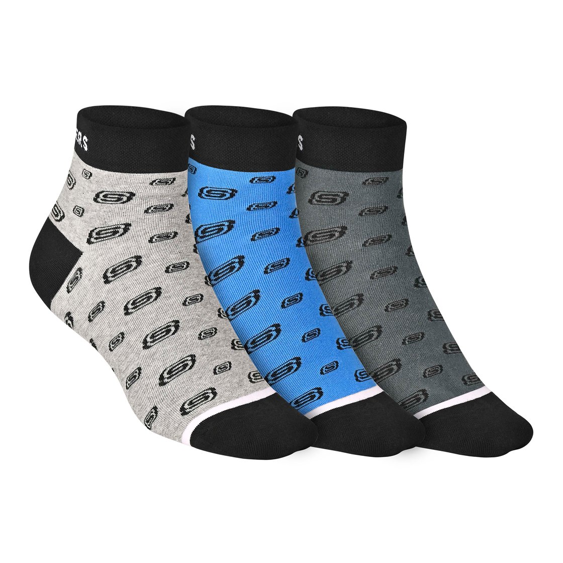 3PK MENS AOP NON TERRY ANKLE, BLACK/CHARCOAL/BLUE Accessories Lateral View