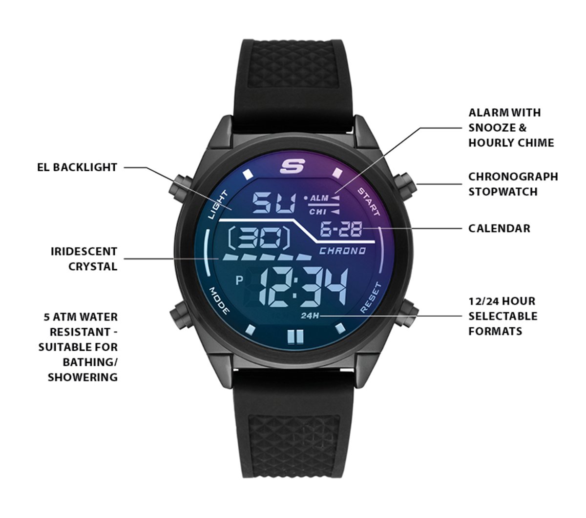Skechers Accessories Blue Face Digital Watch — BLACK
