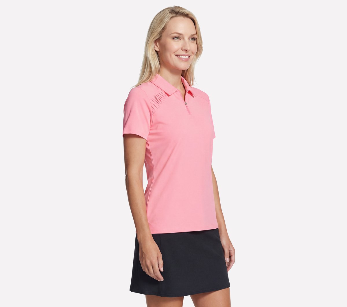 GO GOLF Short Sleeve Birdie Zip Front Polo — NEON CORAL / PURPLE