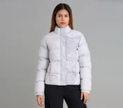 PAISLEY PRINT PUFFER JACKET, GRAY/WHITE/ORANGE