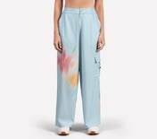 BLURRY FLORAL  PRINT FLARED PANT, WHITE/PINK/LIGHT BLUE