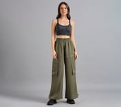 FLARED PANTS WITH SIDE BUNGEE, BROWN/OLIVE Apparel Right View