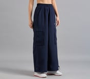 FLARED PANTS WITH SIDE BUNGEE, NAVY