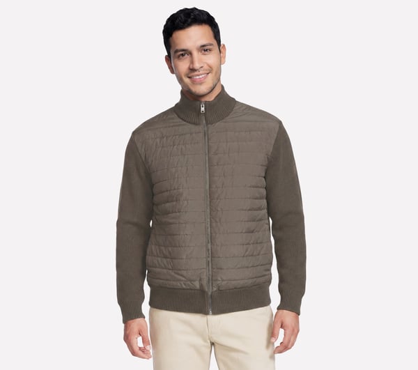 The Hoodless Hoodie Cozy Fit Knit Hybrid Jacket — BROWN / OLIVE