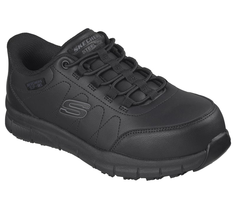 Skechers Slip-ins Work: Nampa - Enelo in Black, side-on profile view showing the women's Hands Free Slip-ins slip-resistant work shoe.
