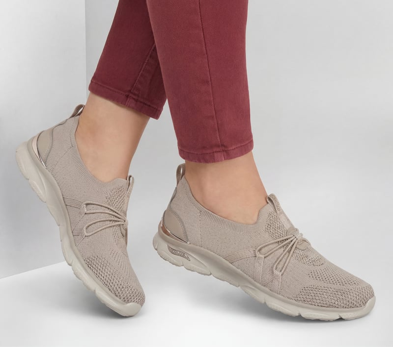 Skechers Women's Arch Fit Sunny - Flutter Step Slip-On Shoes | Size 11.0 | Taupe/Gold | Textile/Synthetic | Vegan | Machine Washable