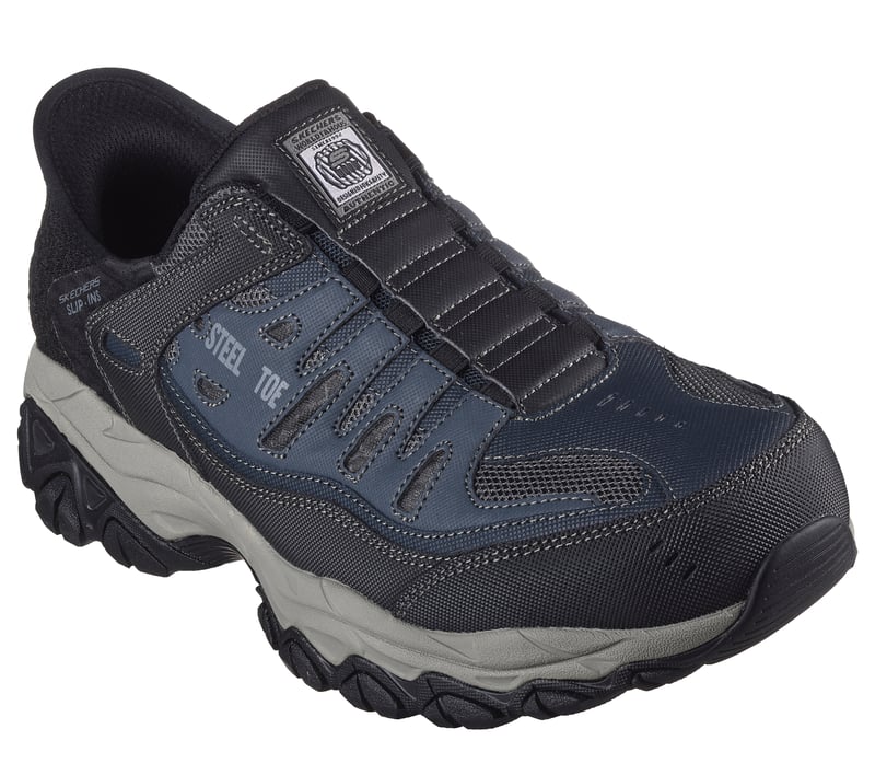 Skechers Slip-ins Work: Cankton - Faison in Navy/Grey, side-on profile view showing the Hands Free Slip-ins design and steel safety toe.