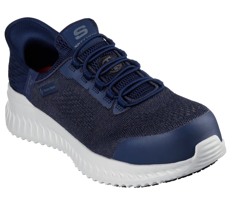 Skechers Slip-ins Work: Tilido - Troxin ESD in Navy, side-on profile view showing the Hands Free Slip-ins work shoe with ESD-safe design.