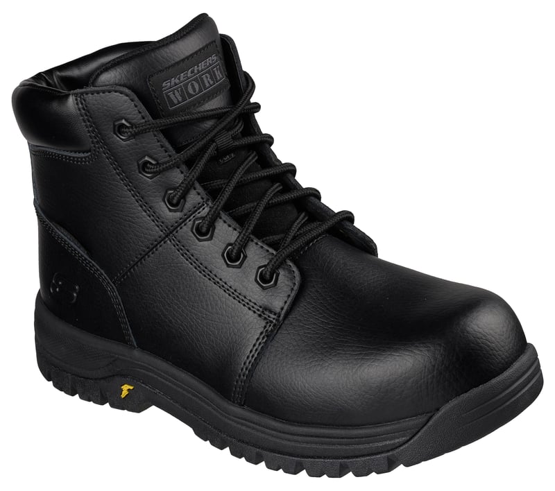 Skechers Workshire 2.0 in Black, side-on profile view showcasing the high-top leather upper and steel safety toe.