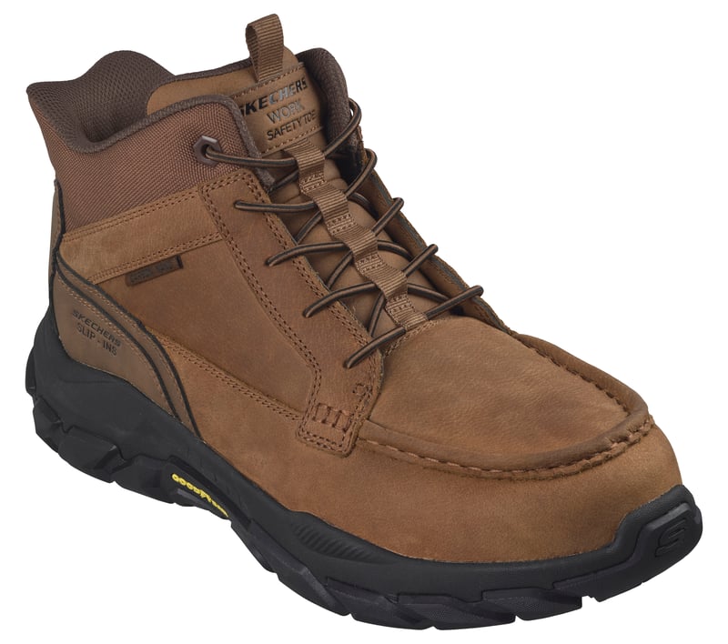 Skechers Slip-ins Work: Santoro - Santoro Safety Toe in Brown, side-on profile view showing the moc-toe slip-on boot with Carbon Nano safety toe.