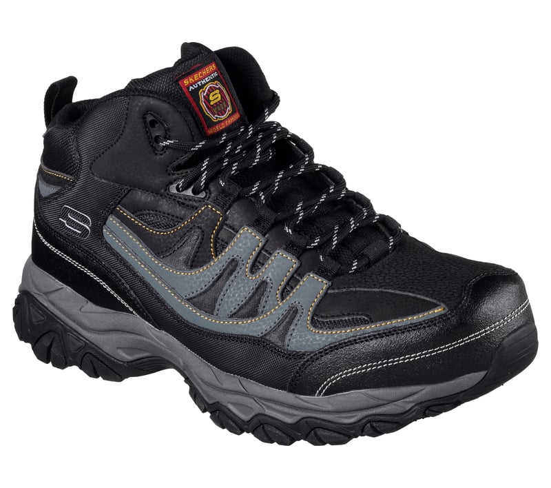 Skechers Work Relaxed Fit: Holdredge - Rebem ST in Black/Charcoal, side-on profile view showing the hiker-style steel toe work boot.