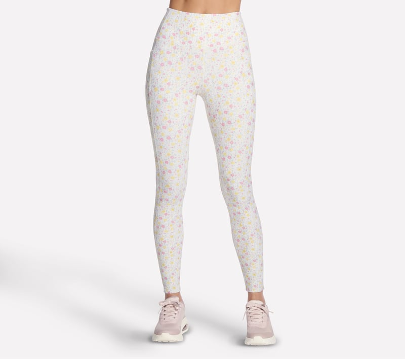 GO WALK Rib Floral Full Length High-Waisted Legging, BLANC / ROSE FLUO, fullimage number 0