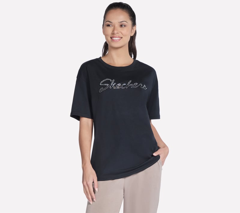 Script Diamond Studded Short Sleeve Tee, BLACK, fullimage number 0