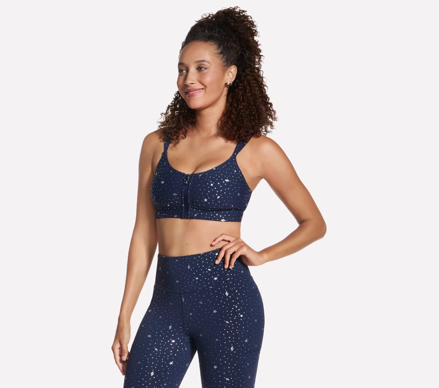 GO WALK Evolution Printed Zip Front Bra, WHITE / NAVY / LIGHT BLUE, fullimage number 0