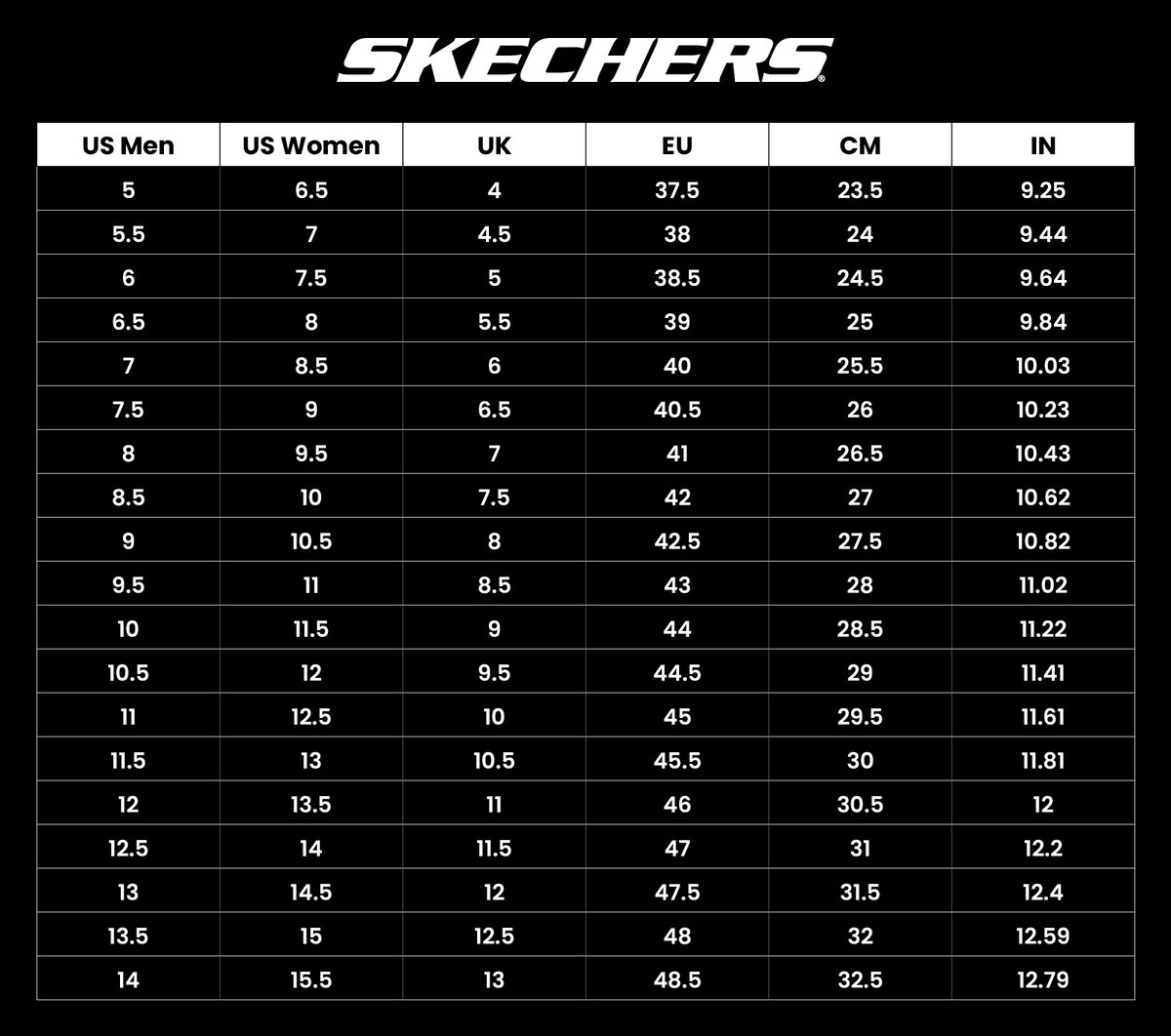 Shoe Size Chart Skechers Size Womens Conversion Chart Skechers