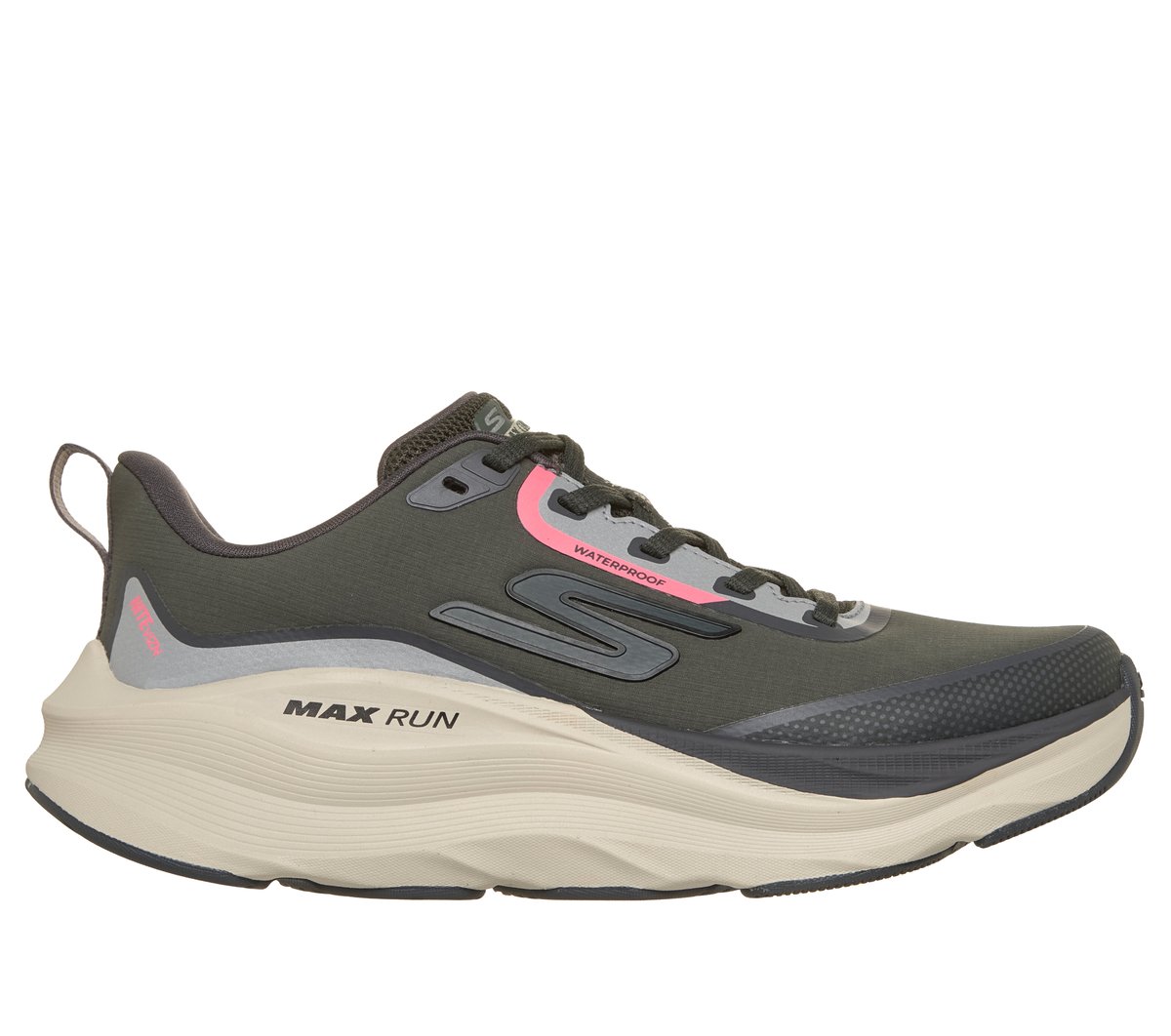 Skechers kobiety Waterproof: Max Cushioning Max Run - Vorteza w Oliwkowy, Rozmiar 37.5, Vegan Sneakersy