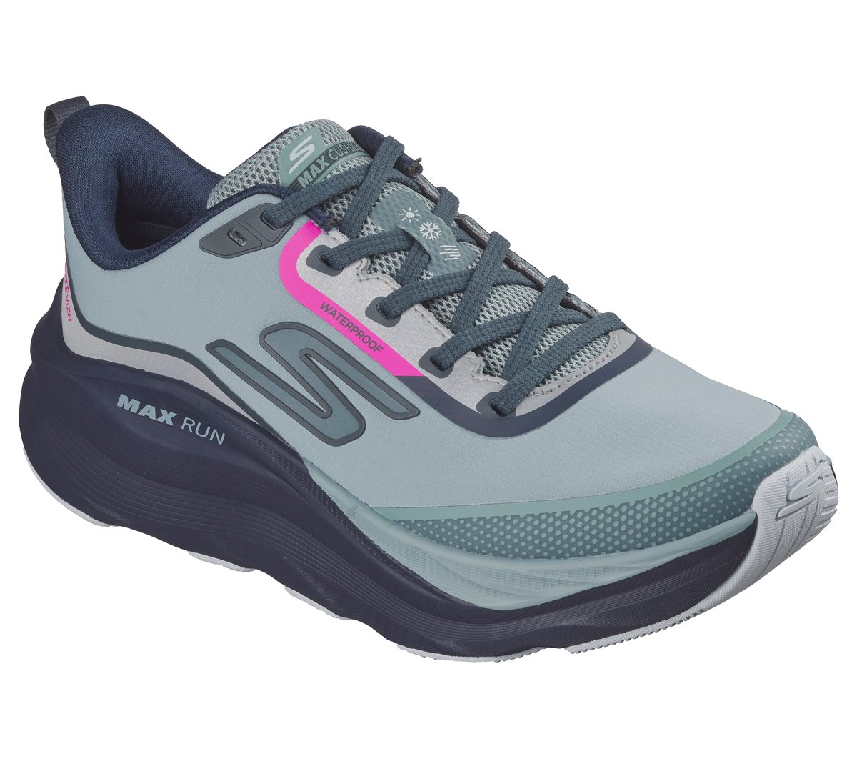 Skechers Waterproof: Max Cushioning Max Run - Vorteza Moyen Width en Gris Ardoise, Vegan
