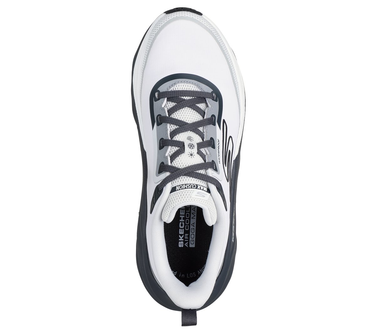 Skechers Waterproof: Max Cushioning Max Run - Vorteza Moyen Width en Blanc/Gris Anthracite, Vegan