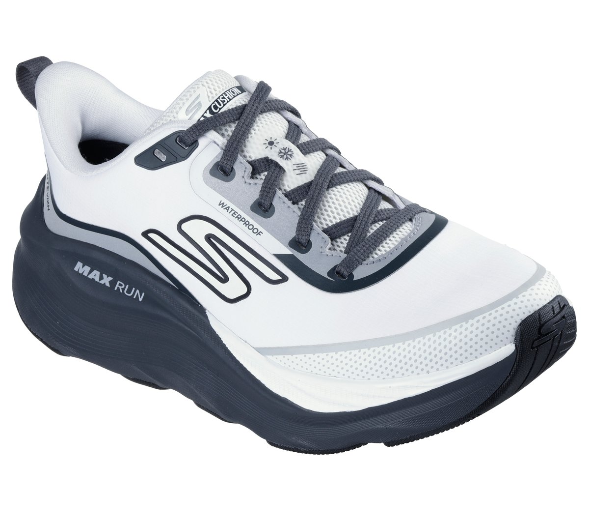Skechers Waterproof: Max Cushioning Max Run - Vorteza Moyen Width en Blanc/Gris Anthracite, Vegan
