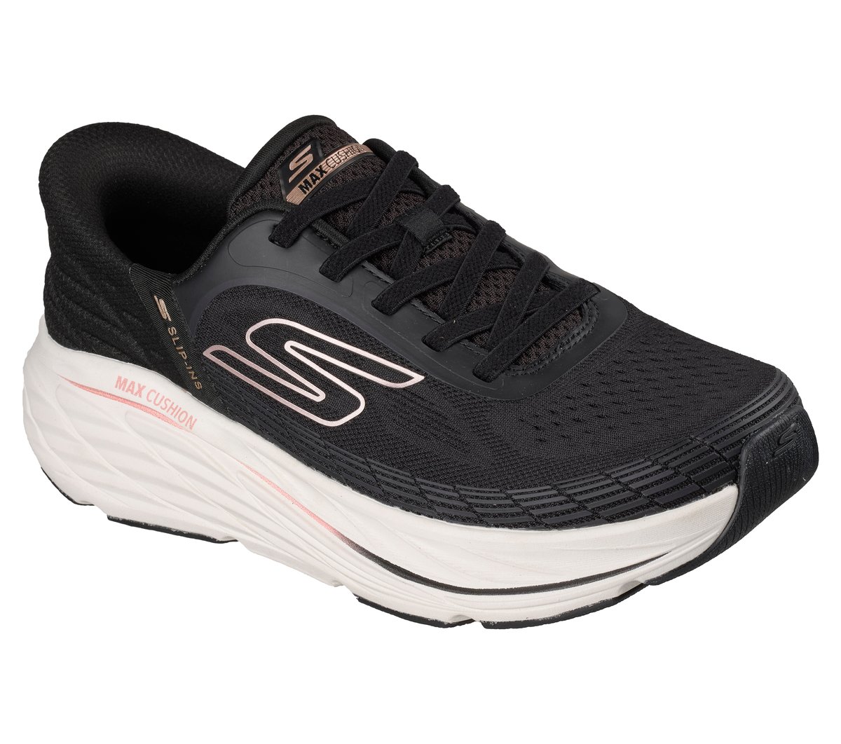 Skechers Slip-ins: Max Cushioning Elite 3 - Lenara Moyen Width en Noir/Rose, Vegan, Lavable en machine