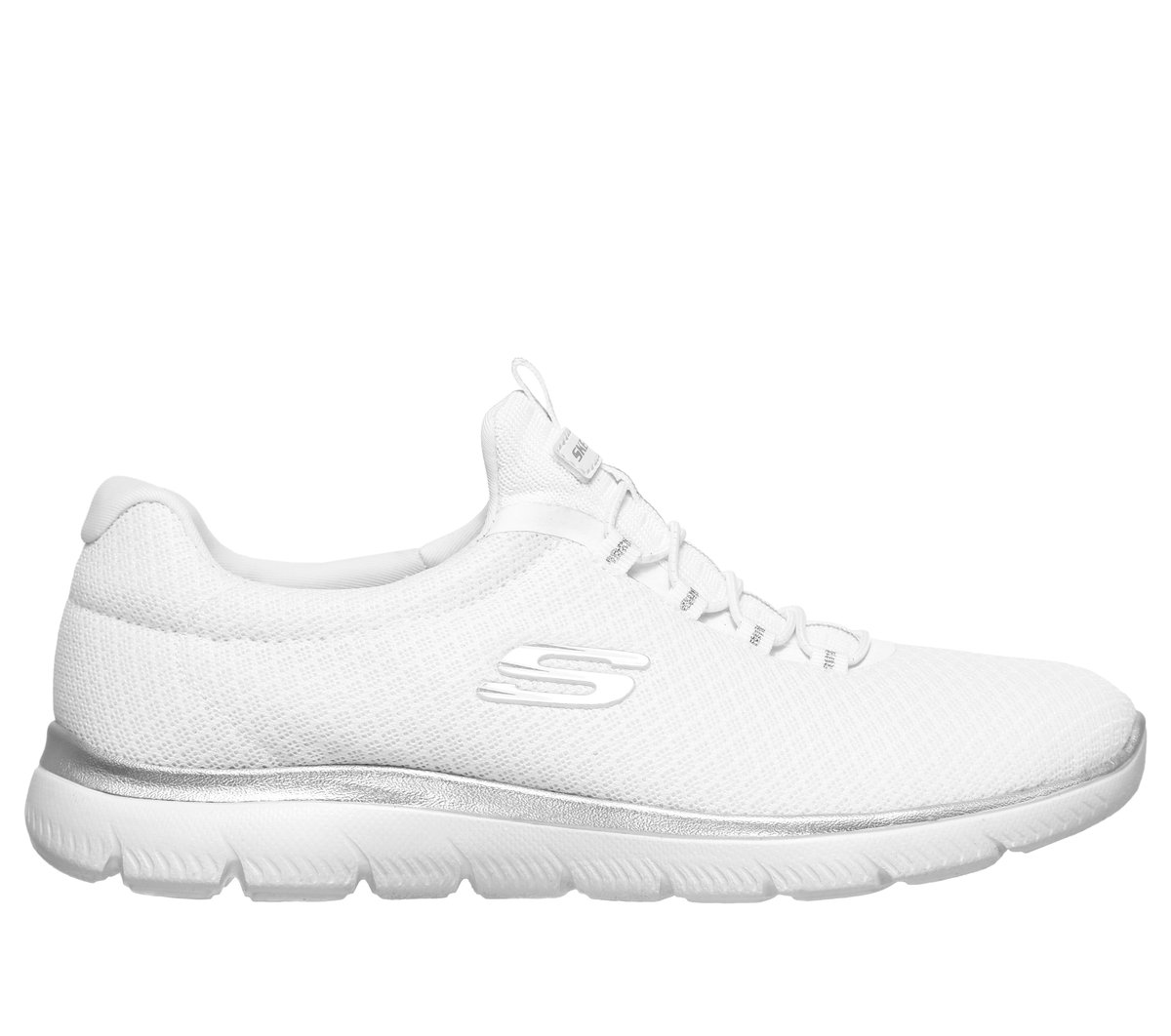Skechers Women’s Summits Sneaker in White/Silver, Size 7 | Textile/Synthetic, Vegan, Machine Washable