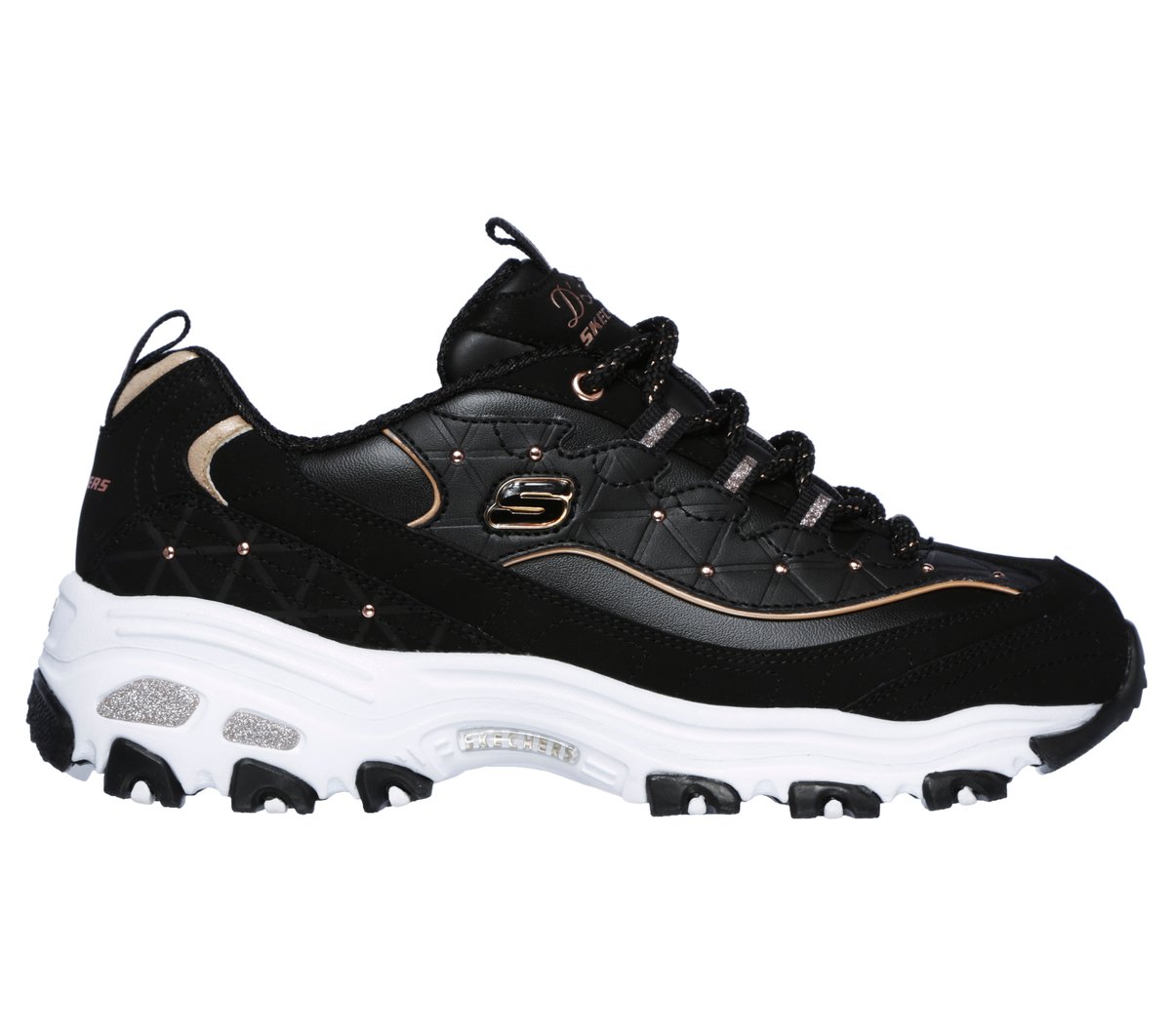 Skechers Women’s D’Lites - Glamour Feels Sneaker in Black/Rose Gold, Size 7 | Leather/Synthetic/Textile