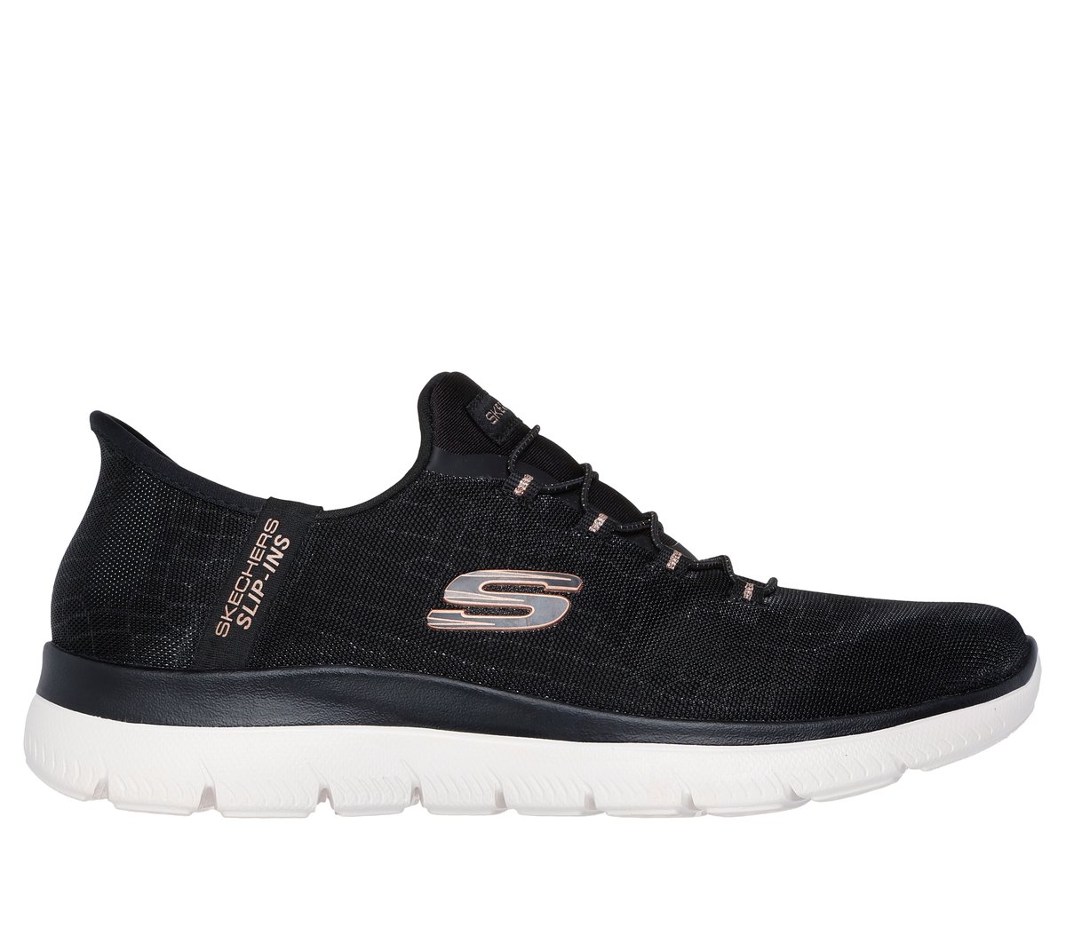 Skechers Slip-ins: Summits - Classy Night en Negro/Oro Rosa, talla 37, Vegan