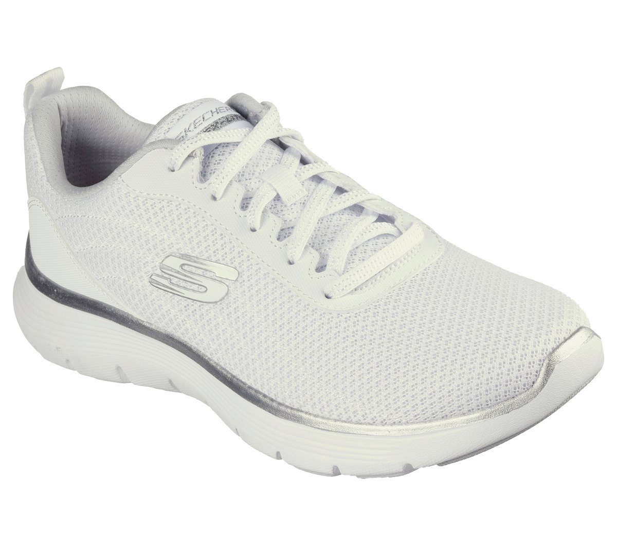 Skechers Flex Appeal 5.0 - Uptake Chaussures Moyen Width en Blanc/Argent, Vegan, Lavable en machine