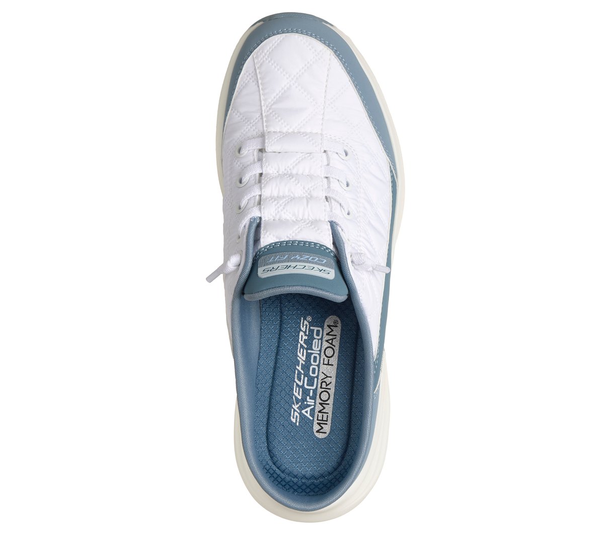 Skechers Contour Foam - Cozy Fit Sweet Embrace Chaussures Moyen Width en Blanc/Bleu Clair, Vegan, Lavable en machine