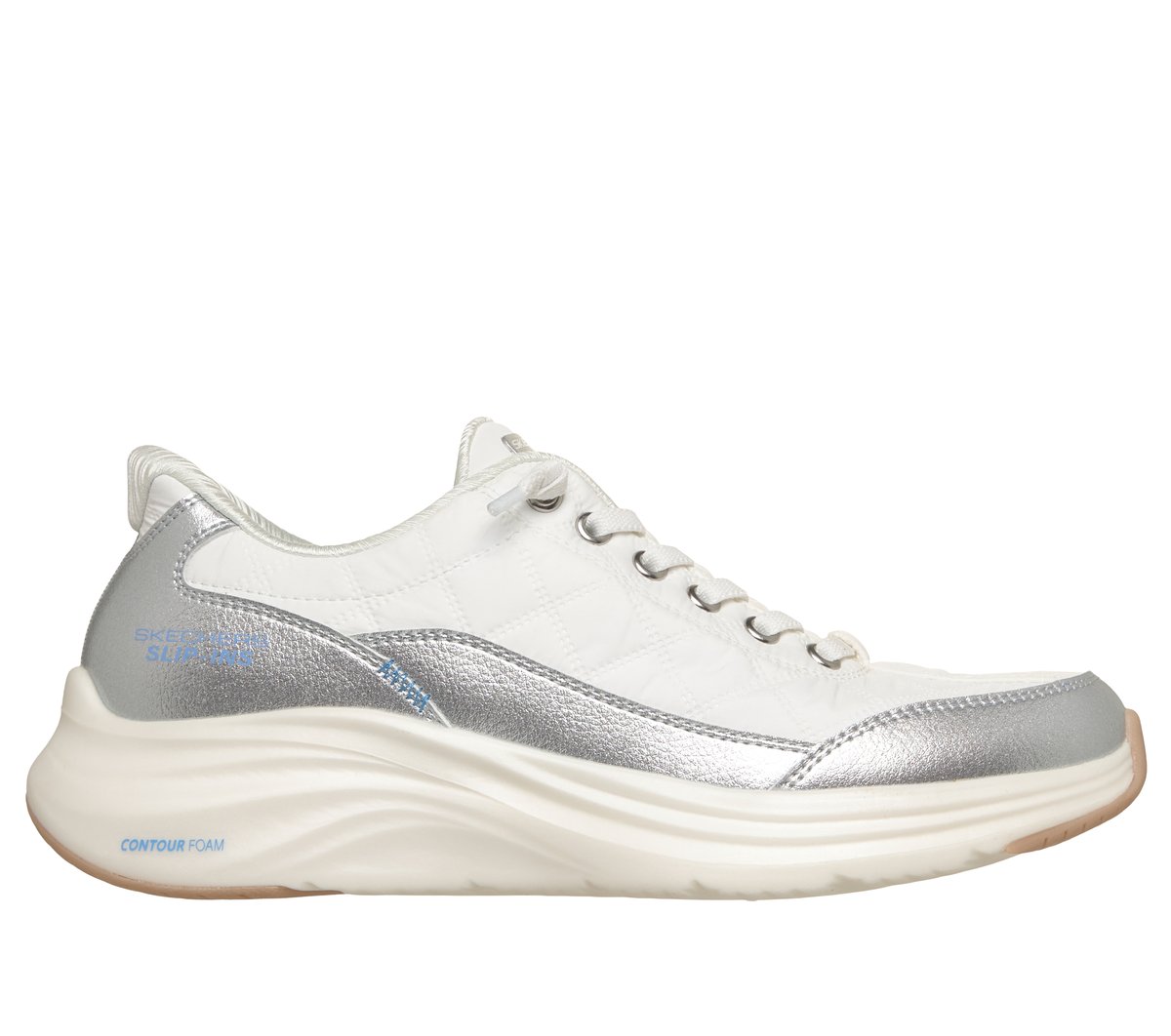 Skechers Slip-ins: Contour Foam - Metallic Dream en Blanco/Plata, talla 38, Vegan
