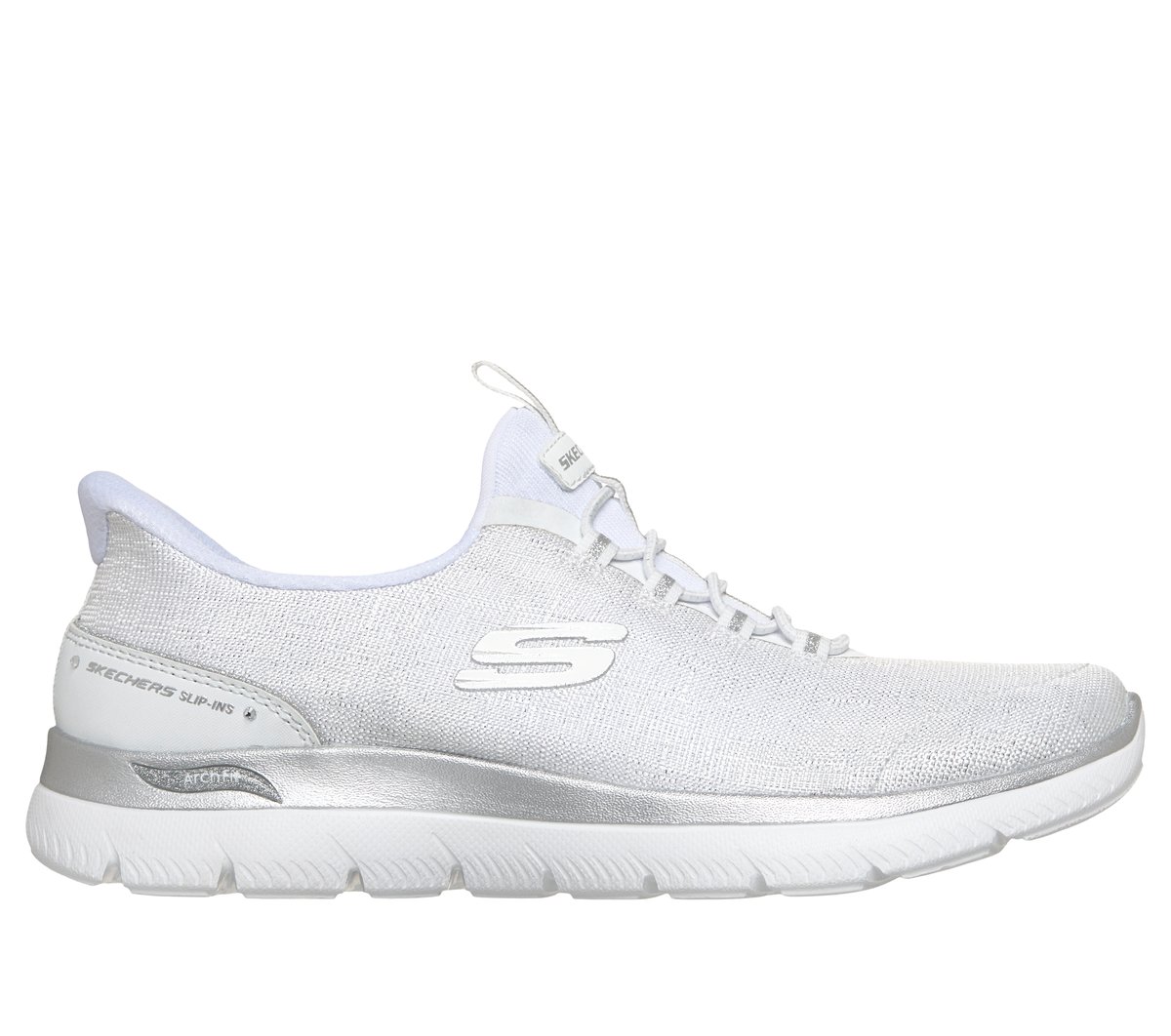 Skechers Slip-ins: Arch Fit Summits - Diamond Grace en Blanco/Plata, talla 36, Vegan