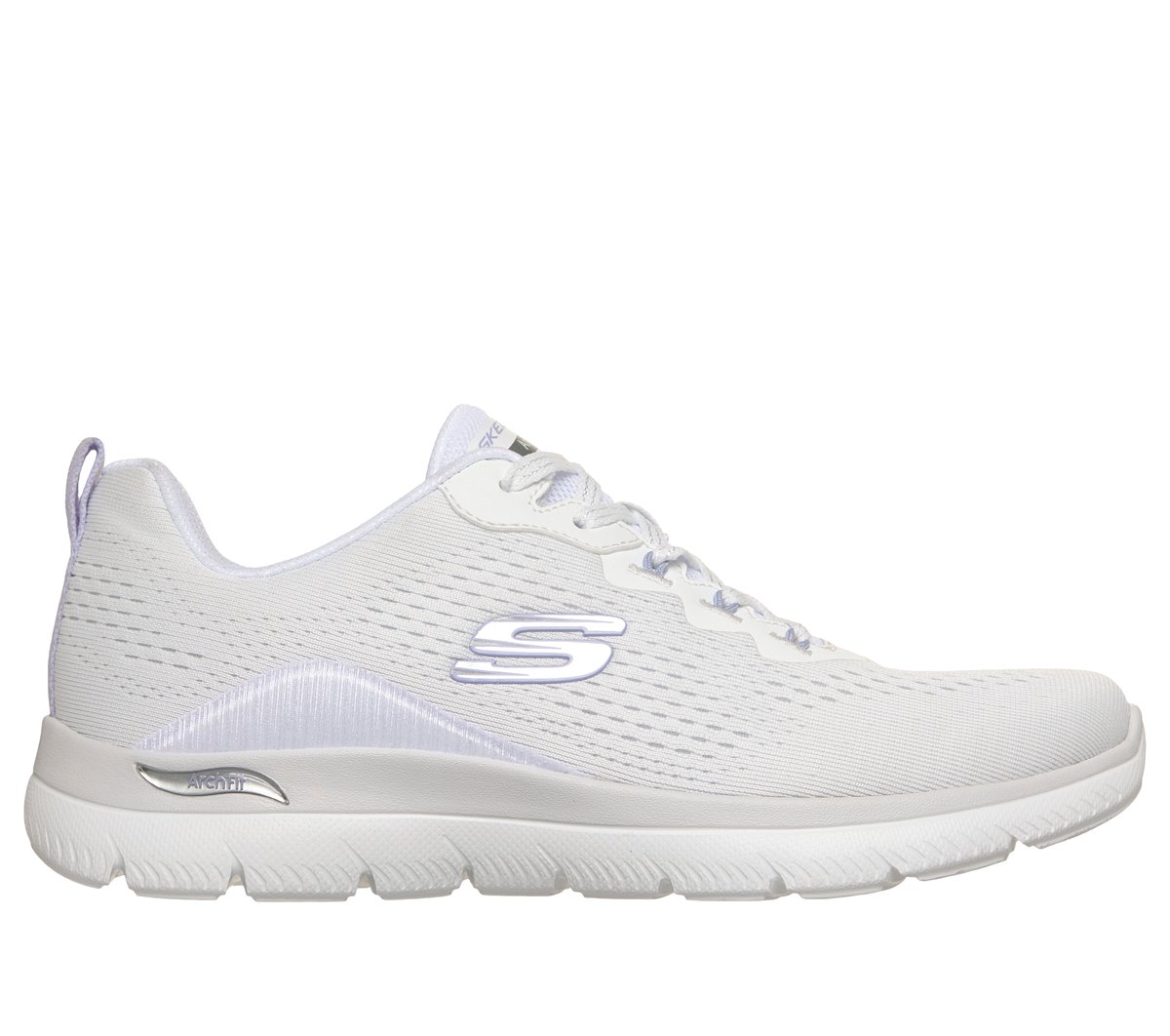 Skechers Women&rsquo;s Arch Fit Summits - Daily Flow Sneaker in White/Lavender, Size 6.5 | Textile/Synthetic, Vegan, Machine Washable