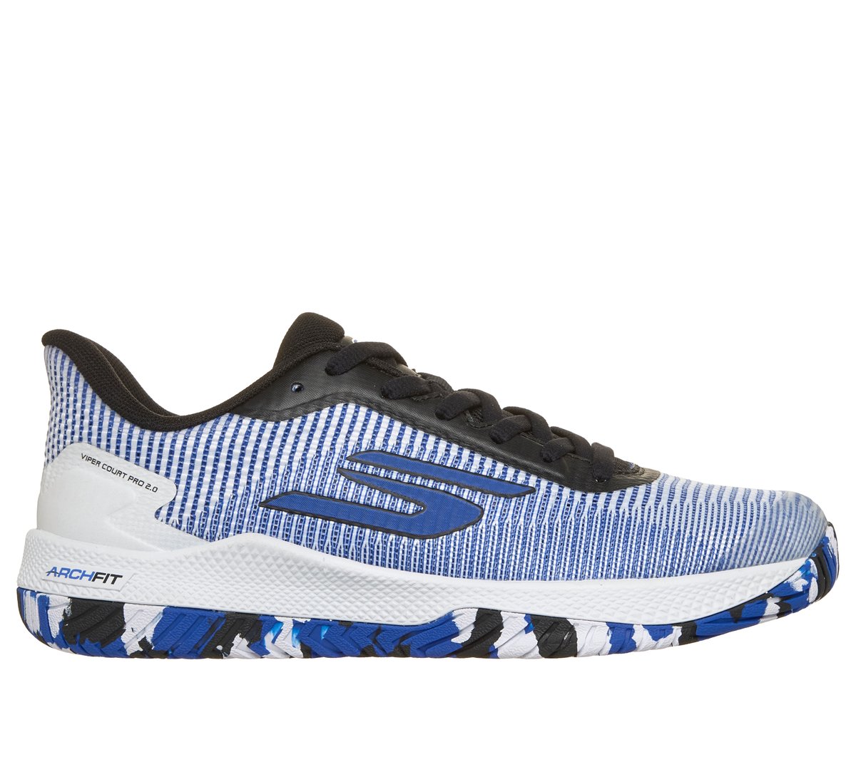 Skechers Viper Court Pro 2.0 en Blanco/Negro/Azul, talla 36
