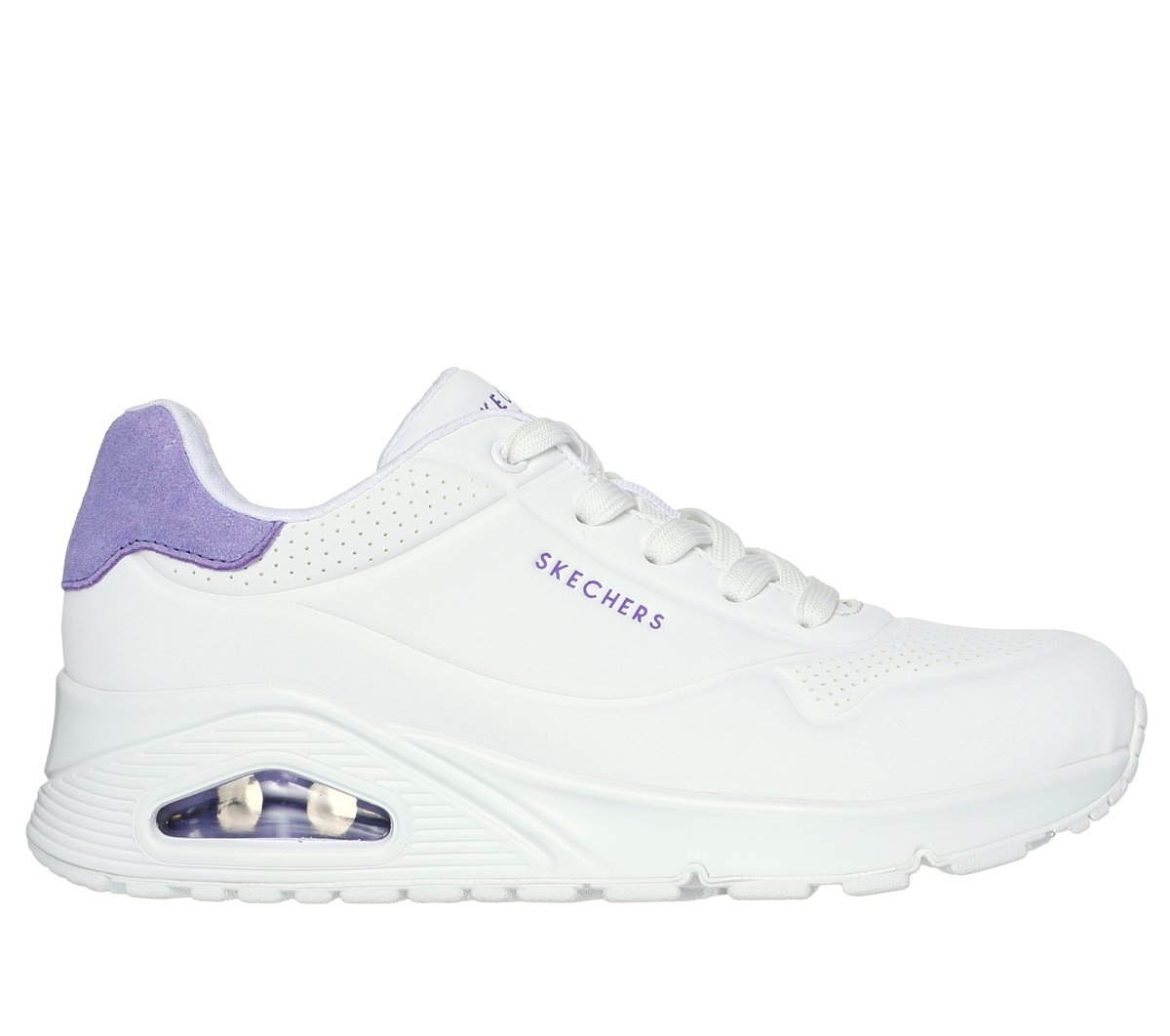 Skechers UNO - Pop Back en Blanco/Morado, talla 39.5