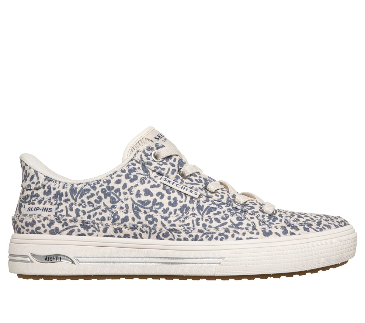 Skechers Slip-ins: Arch Fit Arcade - Wild Nite en Roto Blanco/Navy, talla 36, Vegan