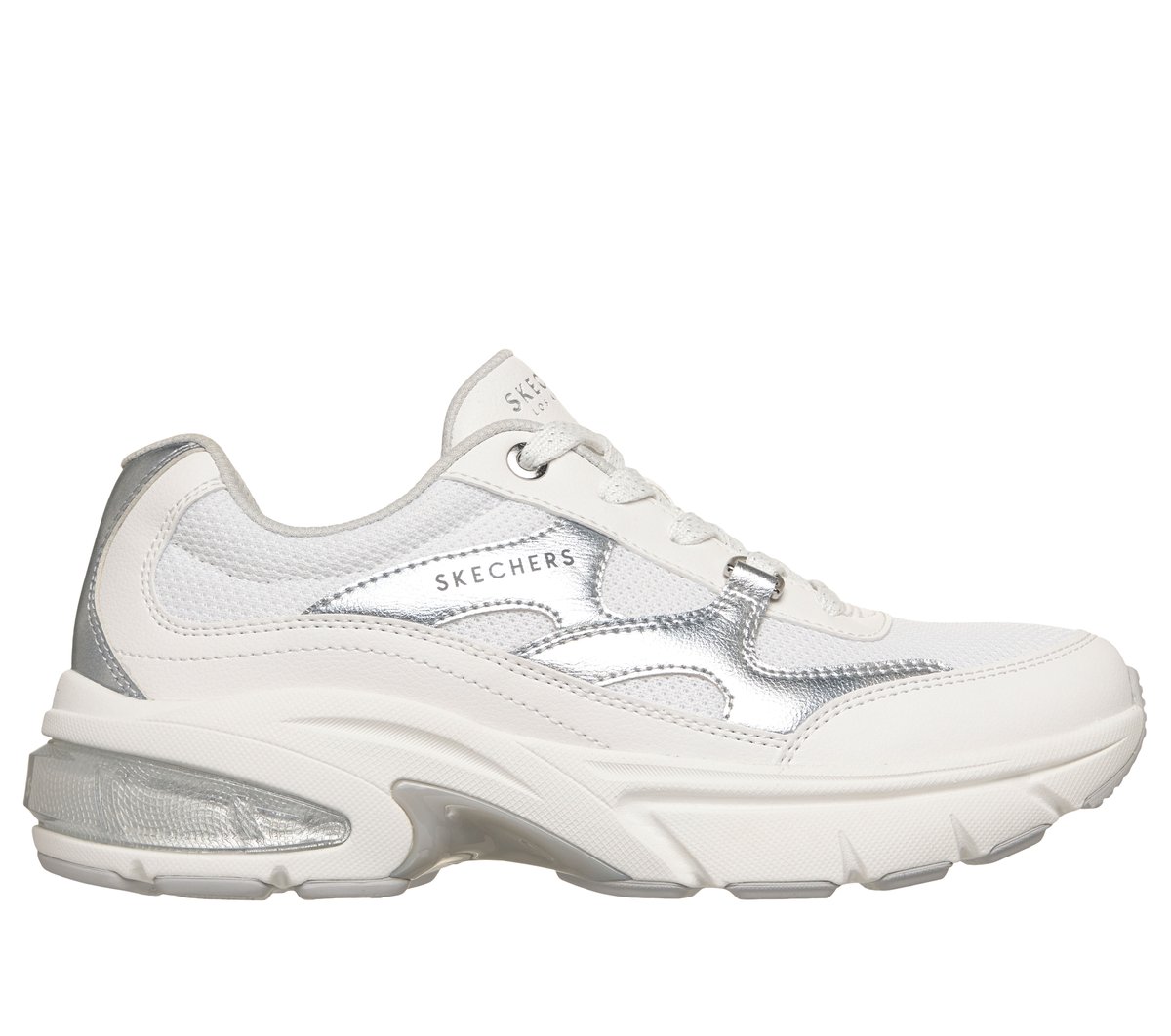 Skechers Shadow - Shiny Wave en Blanco/Plata, talla 36.5