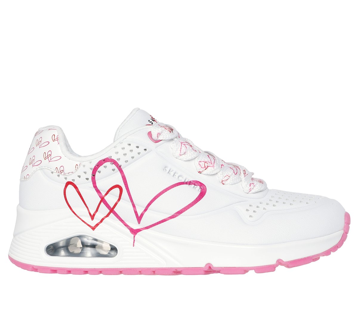 Skechers JGoldcrown: UNO - Twin Hearts en Blanco/Rojo/Rosa, talla 36.5