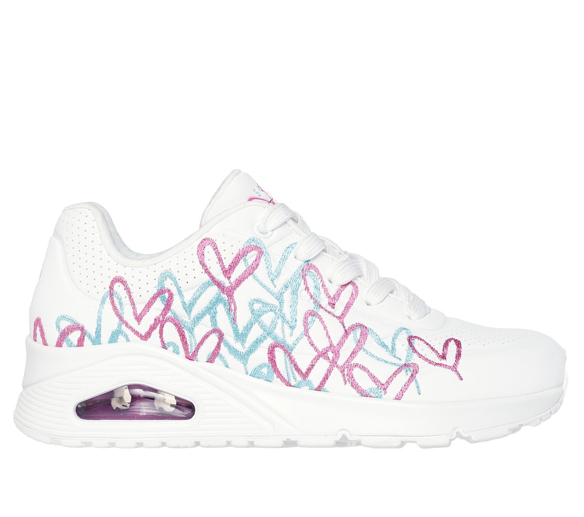 Skechers JGoldcrown: UNO - Golden Heart en Blanco/Rosa/Turquesa, talla 36.5