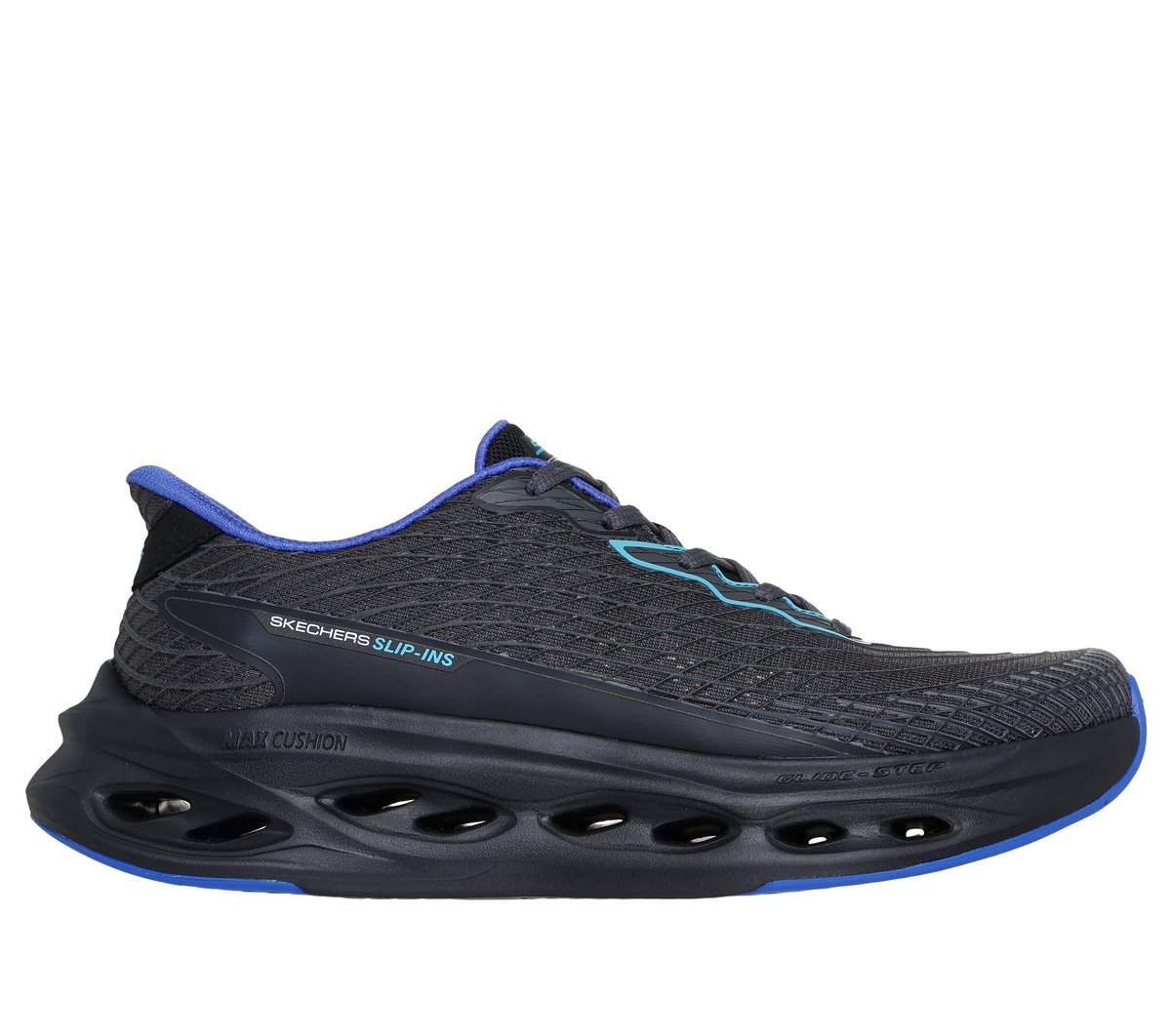 Skechers Slip-ins: Max Cushioning Glide-Step - Sapphire en Negro/Azul, talla 47, Vegan