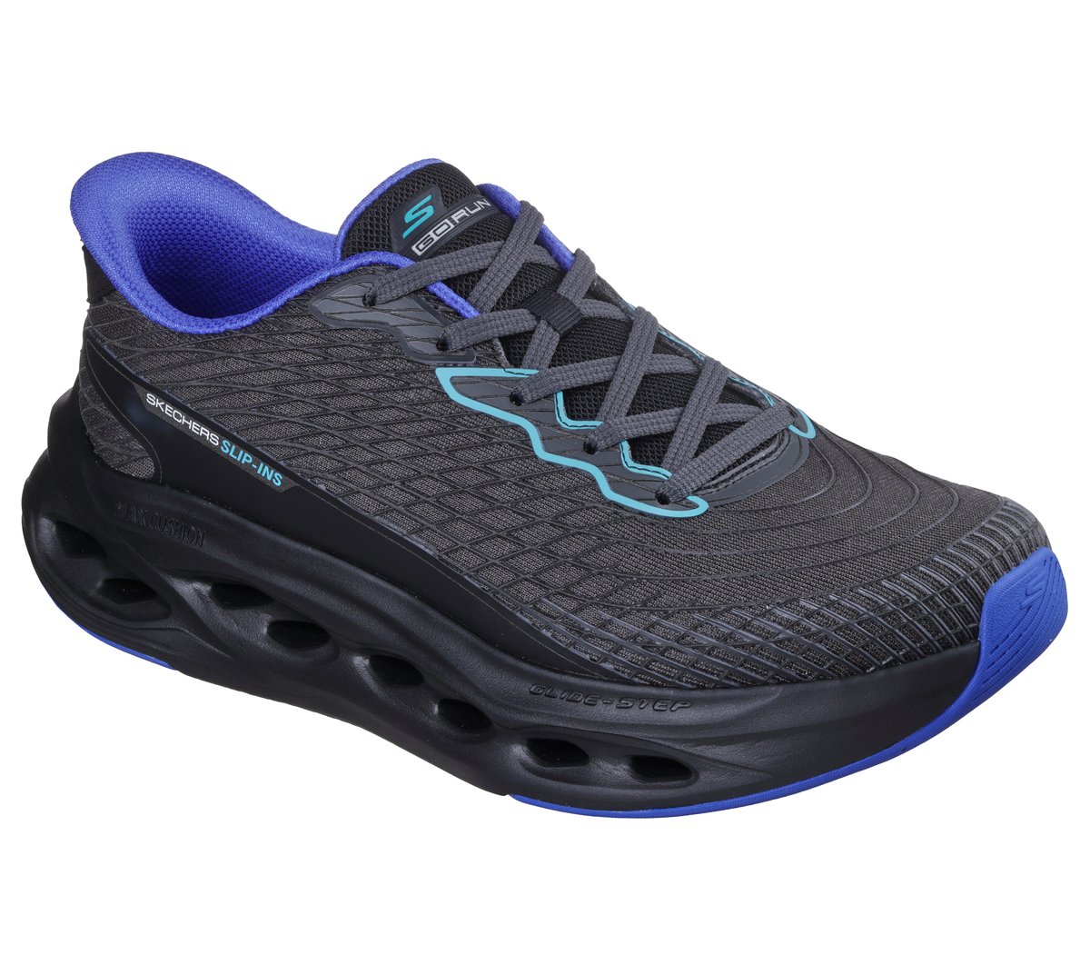 Skechers Slip-ins: Max Cushioning Glide-Step - Sapphire Moyen Width en Noir/Bleu, Vegan, Lavable en machine