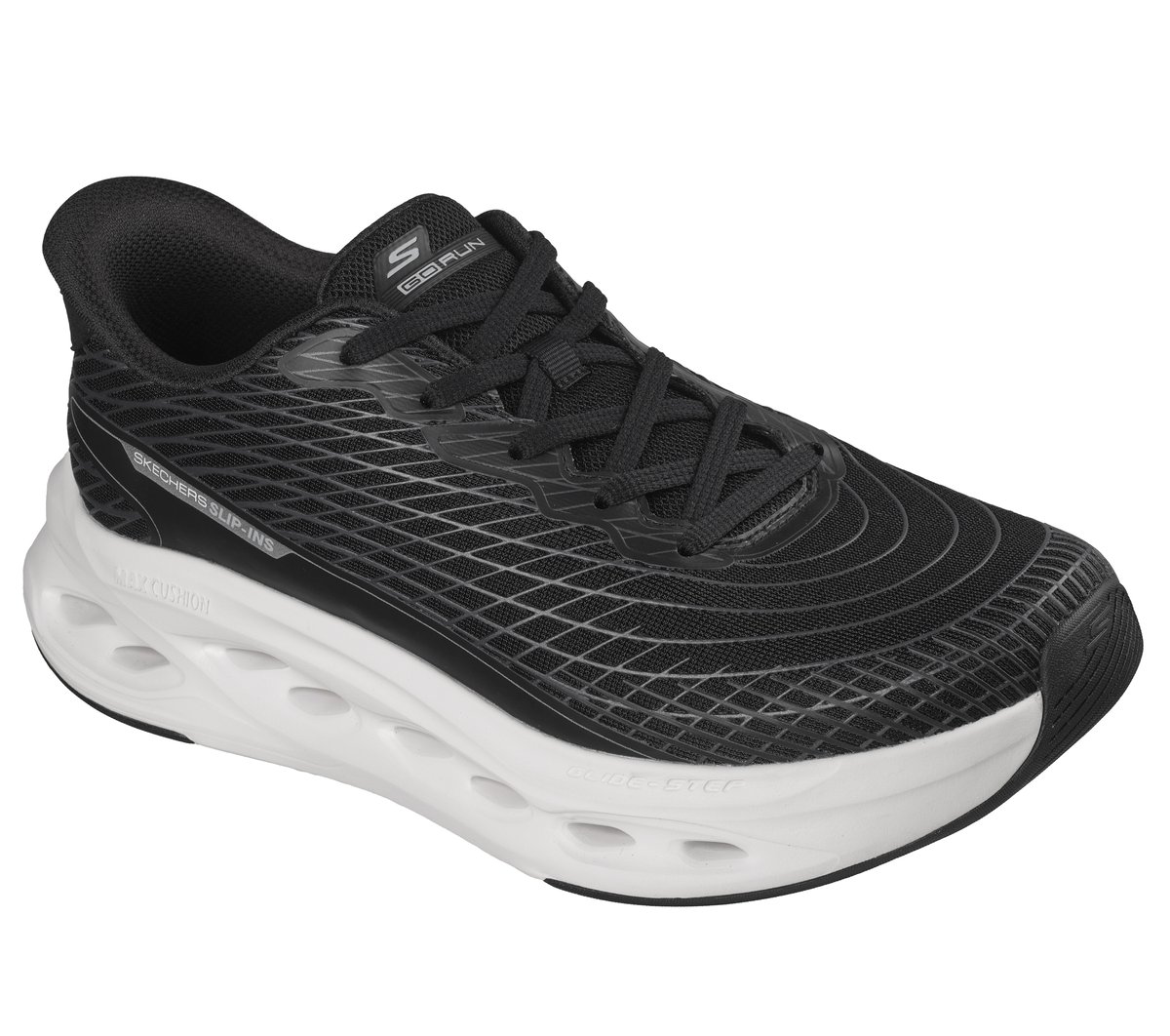 Skechers Slip-ins: Max Cushioning Glide-Step - Sapphire Moyen Width en Noir/Blanc, Vegan, Lavable en machine