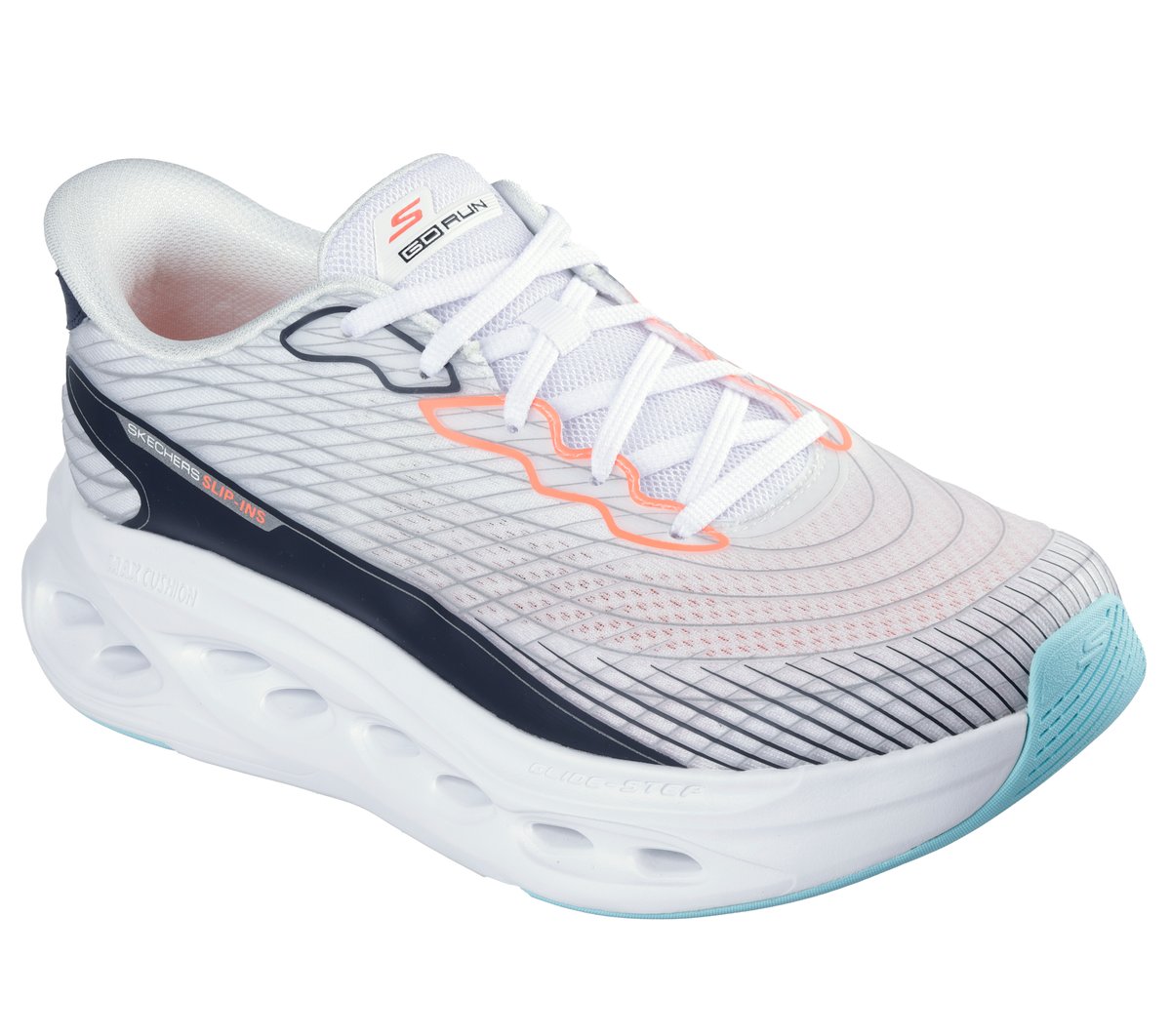Skechers Slip-ins: Max Cushioning Glide-Step - Sapphire Moyen Width en Blanc, Vegan, Lavable en machine