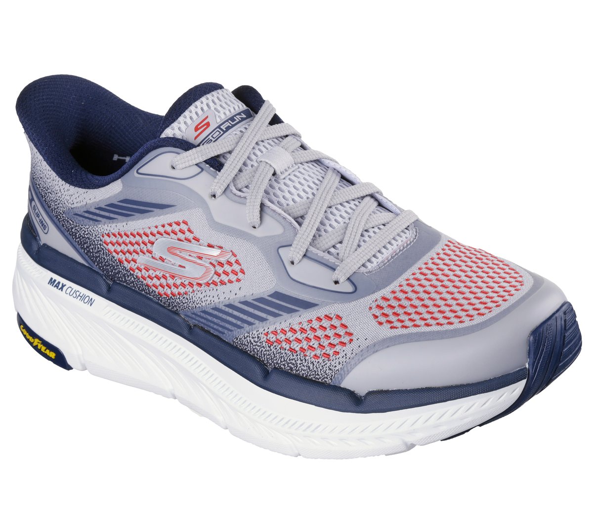 Skechers Slip-ins: Max Cushioning Premier 2.0 - Leigh Moyen Width en Gris/Bleu Marine, Vegan, Lavable en machine