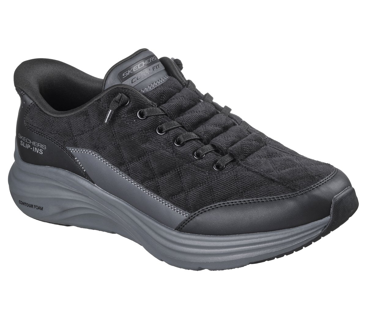 Skechers Slip-ins: Contour Foam - Cozy Fit Cordelux Chaussures Moyen Width en Noir/Gris Anthracite, Lavable en machine