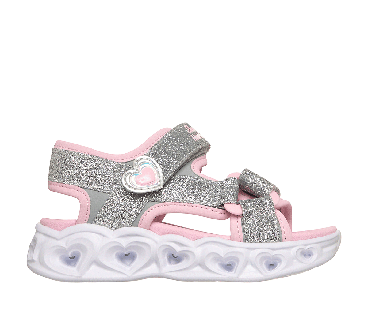 Skechers niña S-Lights: Heart Lights Sandal - Sugar Sparks en Plata/Rosa, talla 34