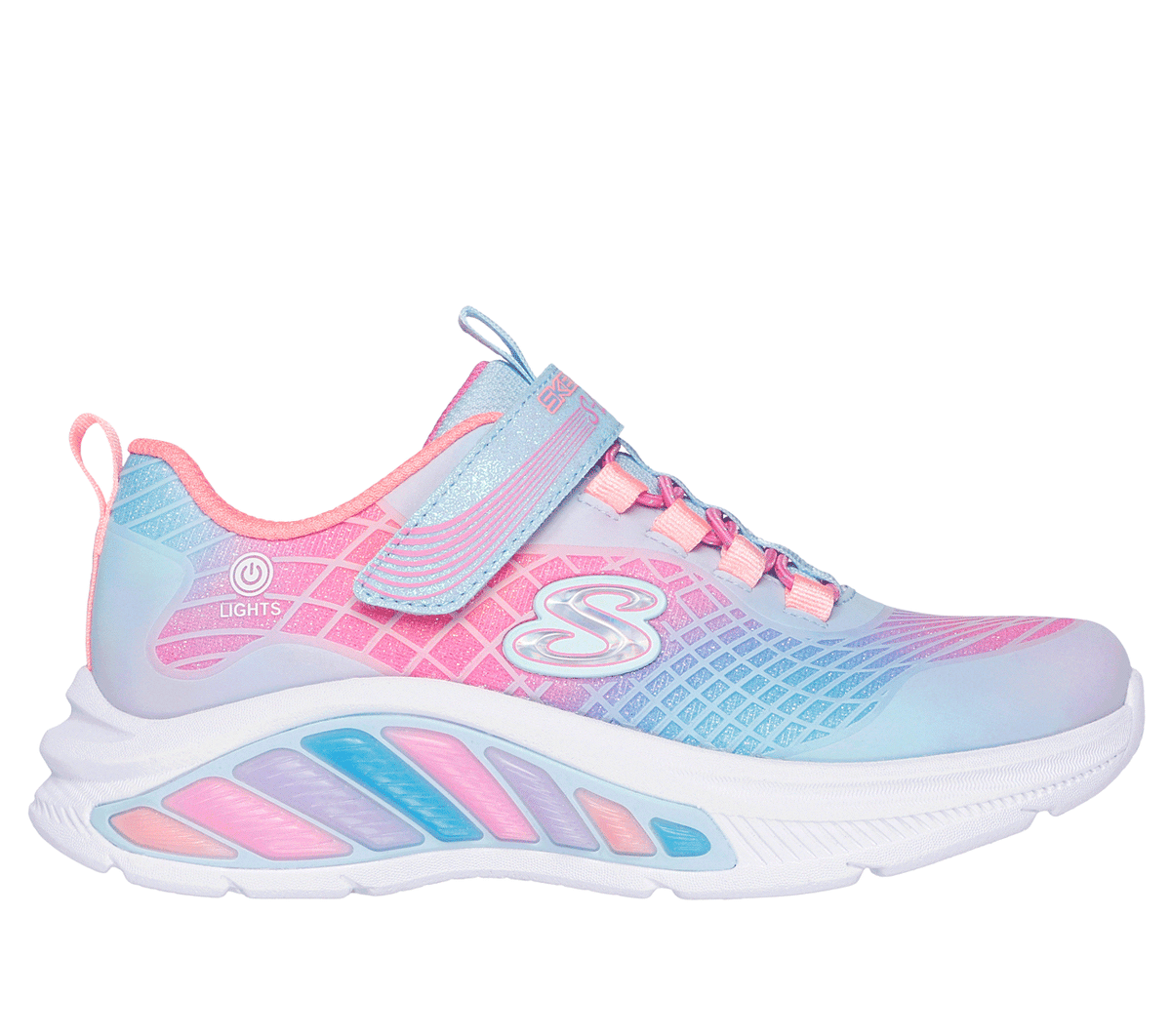 Skechers niña S-Lights: Rainbow Cruisers - Rainbow Reflectin en Azul Claro, talla 28.5