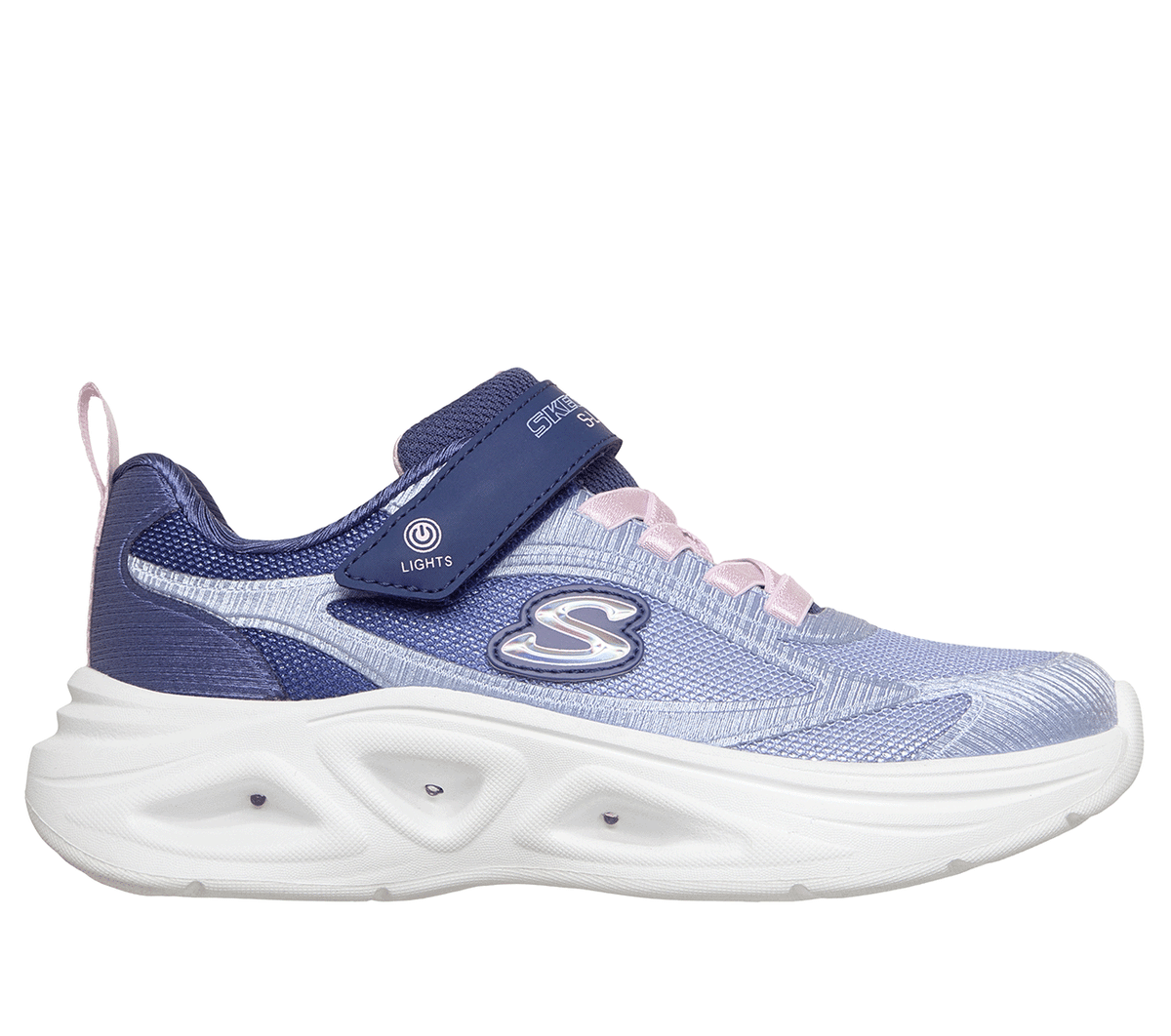 Skechers niña S-Lights: Sola Glow 2.0 - Dazzle Steps en Navy/Rosa, talla 28.5