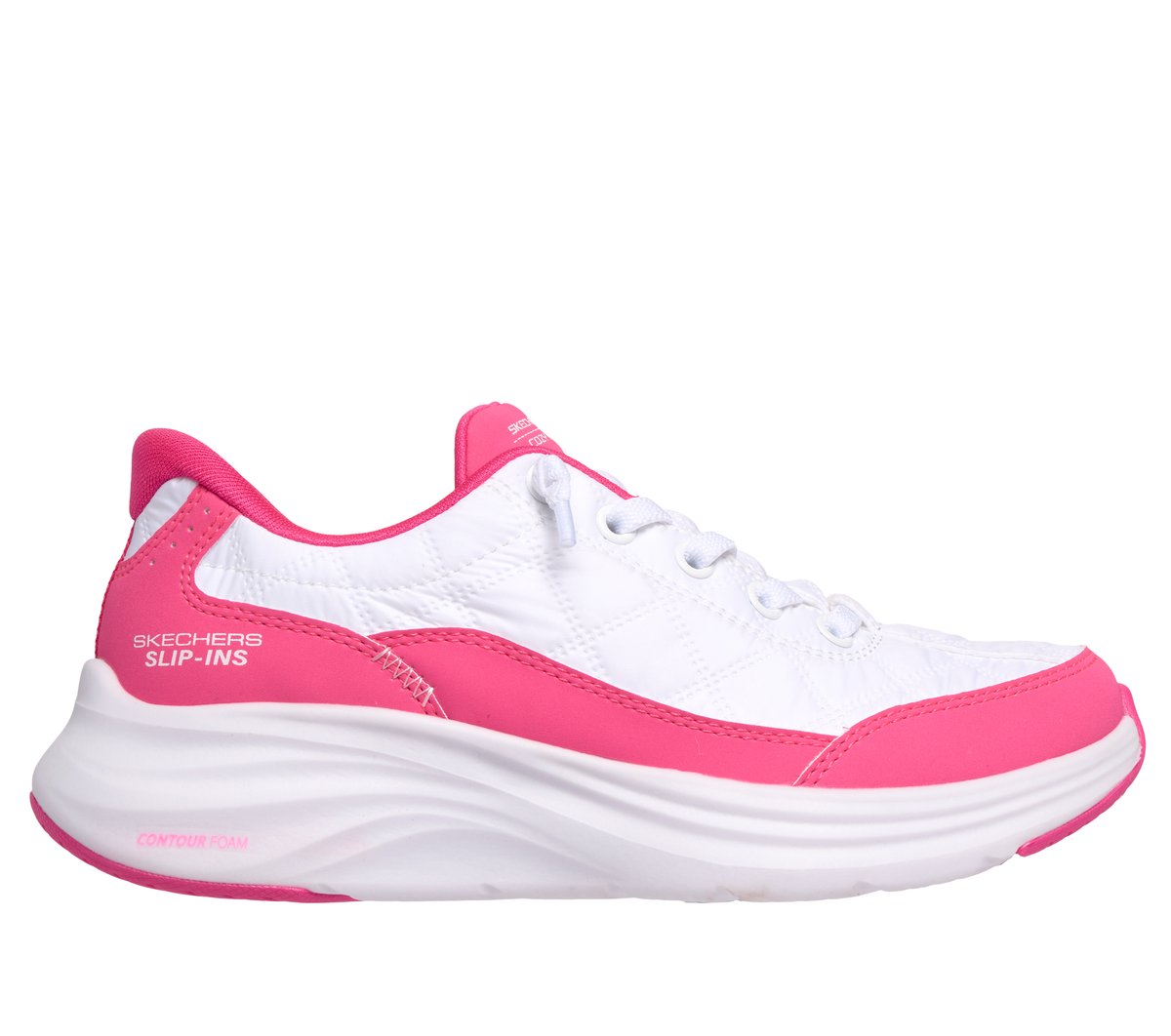Skechers niña Slip-ins: Contour Foam - Cozy Fit en Blanco/Rosa Caliente, talla 33.5